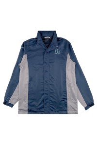供應男裝長袖風褸外套  袖口魔術貼橡筋設計  寶藍色撞灰色  啪鈕拉鏈 斜紋磨毛布 企領  J1034